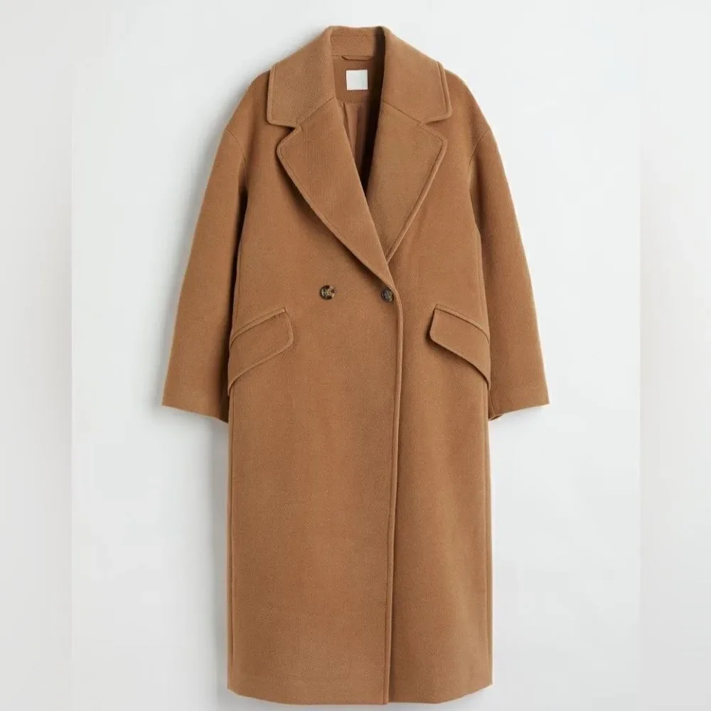 H&M Coat Double-Breasted Dark Beige New